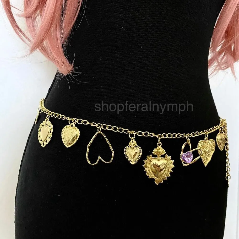 Gold Y2K Sacred Heart Charm Waist Chain Belt, Fits 20 to 44 Inches, X7GA1320